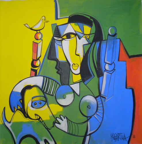 Green and yellow female figure with rounded forms
