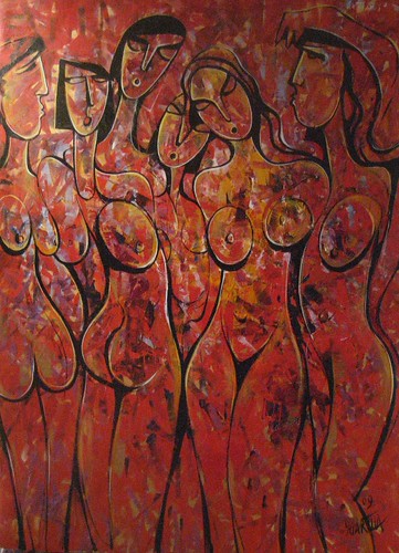 Figures outlined on a warm orange background