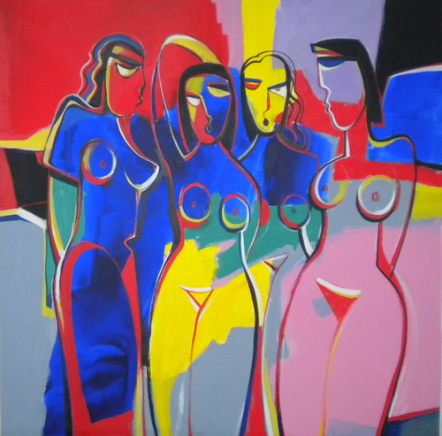 Three figures in blue, yellow and pink