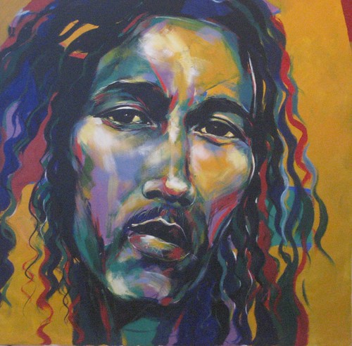 Long-haired musician portrait in dark blue and gold