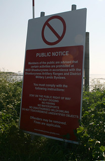 The Broomway warning notice The Broomway is a tidal byway out to Foulness Island over Maplin Sands at the mouth of the Thames estuary. The route is so called because it used to be marked by branches of Broom placed at regular intervals on the route. However these have long since gone and the path is now unmarked. The path is dangerous because the tide comes in as fast as you can run and there are quick sands and mud in places if you stray off the route. Foulness Island itself is part of a firing range and most of it is &quot;out of bounds&quot; to the public with the exception of the south east corner of the island, which has a couple of villages and farms. The only road to the island can only be used by MOD permit holders, so the only way for the public to reach the island is by boat or by walking the Broomway. 