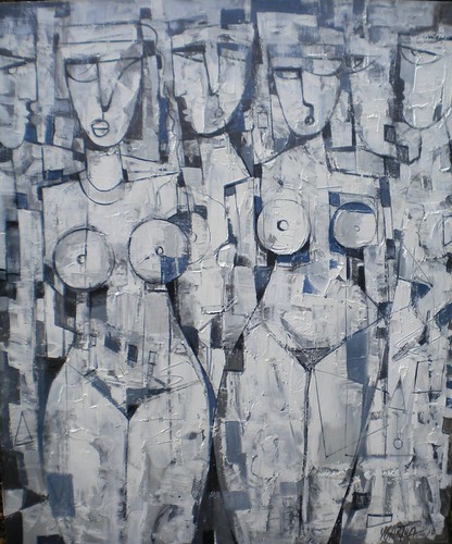 Rows of outlined figures in black and white