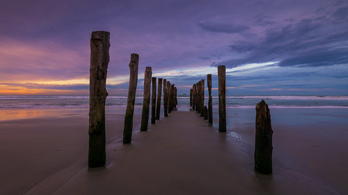 abandoned beach sunrise seaside sand colours cloudy jetty sandy tourist dunedin attraction woodenpoles stclairbeach