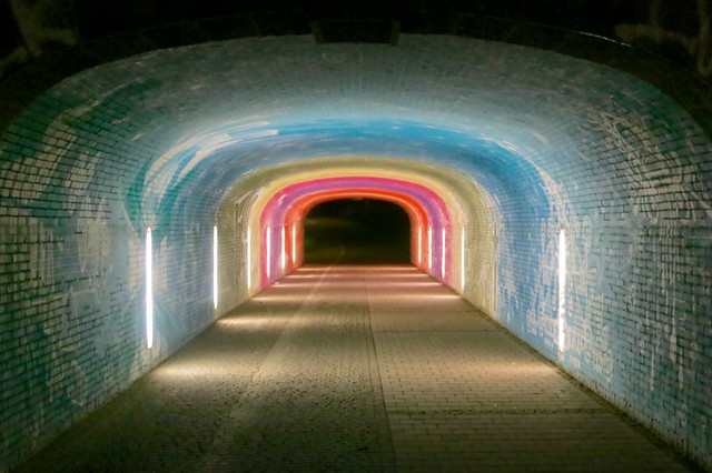 Munich after sunset: underpass in rainbow colours.