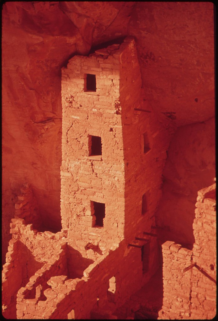 Four stories high, square tower house, was built about 800 years ago in a shallow cave of Navajo Canyon, 05/1972.