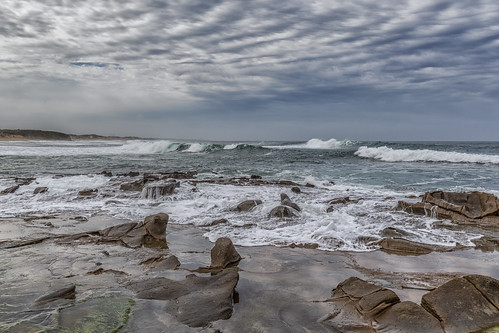 landscape seascape sea bassstrait rocks waves beach kilcundabeach gippsland victoria grey cloudy surf sand