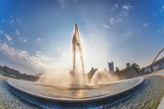 Fisheye view of the fountain in Point State Park in Pittsburgh at dawn HDR