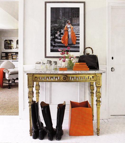Beautiful hall + wainscoting and orange, by Windsor Smith