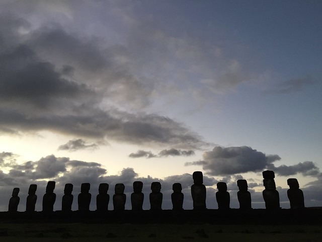 The Sunrise at the Ahu Toŋariki, Rapa Nui (Easter Island), the East Coast, Chile, Polynesia, Oceania.