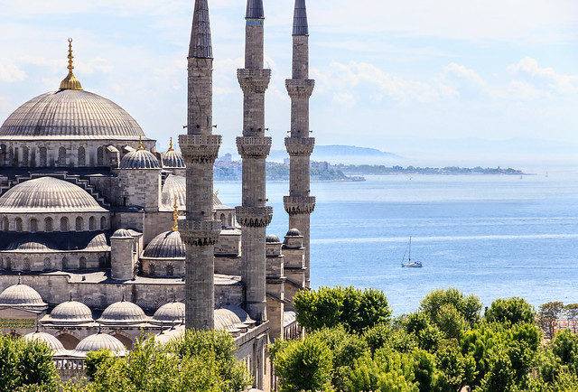The Blue Mosque (Sultan Ahmet Camii) and the blue sea, Istanbul Turkey