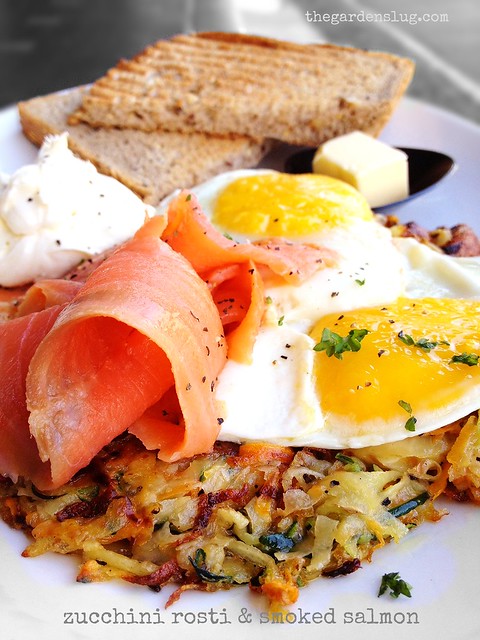 breakfast of champions: Zucchini rosti, sunny-side-up eggs, smoked salmon & lemon cream cheese