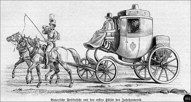 Bayerische Postkutsche aus der ersten Hälfte des 19. Jahrhunderts. Stagecoach in Bavaria
