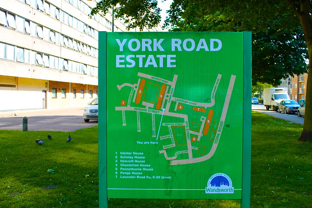 York Road Estate sign next to Holcroft House, Battersea, London