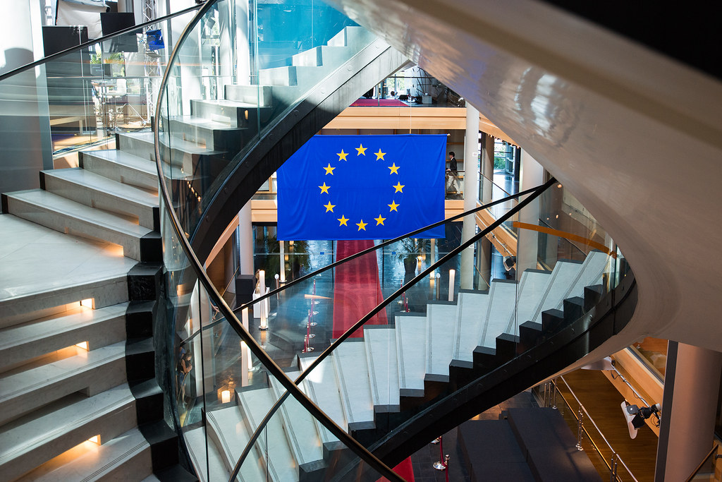 European flag inside the building of the European Parliament in Strasbourg