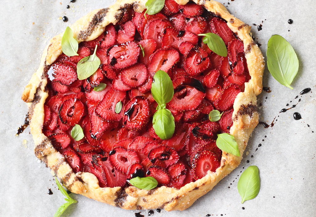 Roasted strawberry galette with balsamic glaze and fresh mint