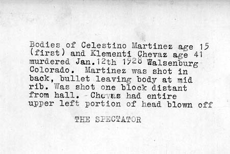 Verso of postcard of bodies of Salistino Martinez and Klementz Chavez, Walsenburg shooting victims, Walsenburg, Colorado, January 12, 1928.