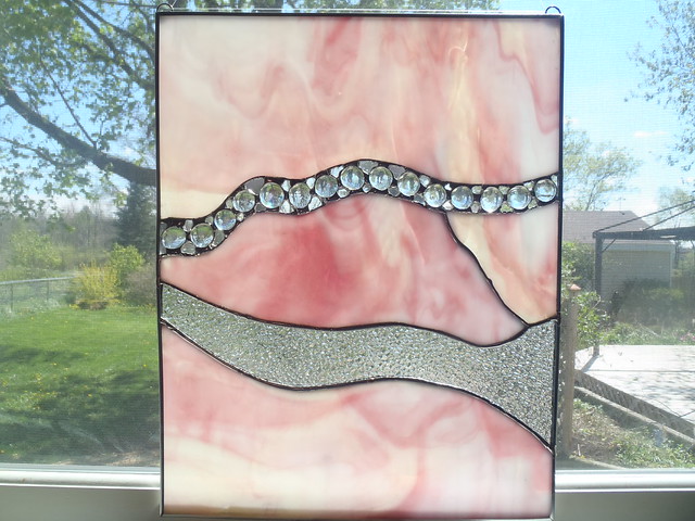 stained glass panel, abstract, modern, pink and yellow streaky