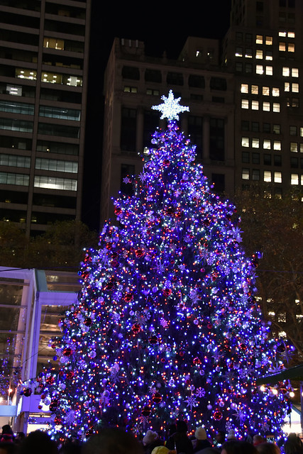 Picture Of Bryant Park 2016 Christmas Tree Minutes After Being Lit Up For The 2016 Holiday Season On December 2, 2016. The Tree Is A 50 Foot Norway Spruce. Picture Taken Friday December 2, 2016