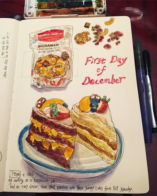 Today's food journals: chocolate and nut mix; cakes to treat ourselves at the end if a hard working day🍰😋🎨📒 Yay its first day of December! #caobeckysketch