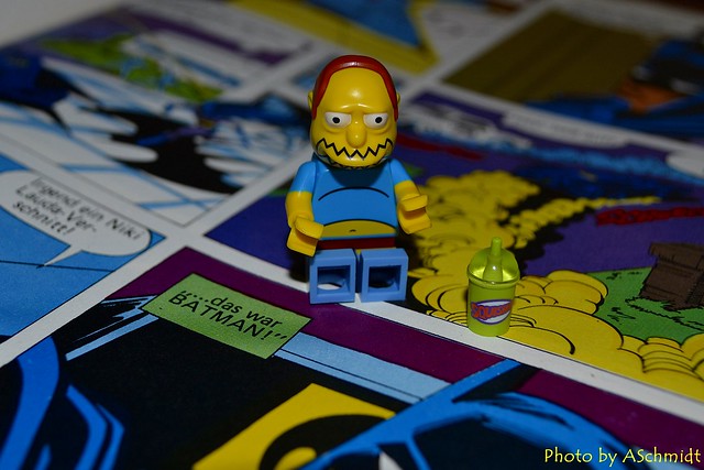 Lego Simpsons Comicbook Guy is reading Batman