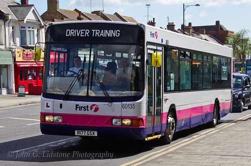 Smiling faces from First Essex Scania L113CRL / Wright Axcess Ultralow driver trainer 60135, R177 GSX visiting Leigh-on-Sea | by EastBeach68