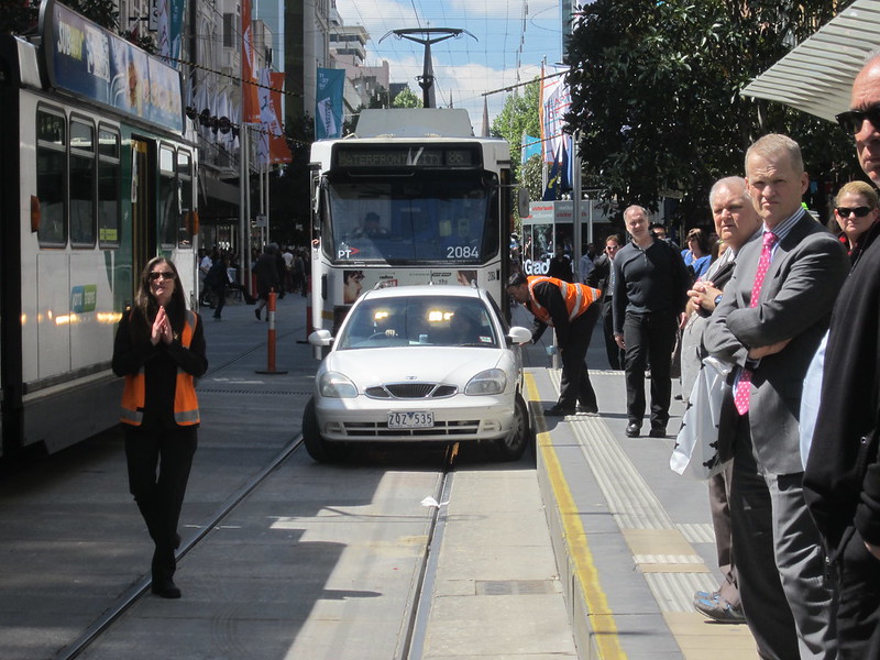 Bourke Street Mall, car comes into tram stop