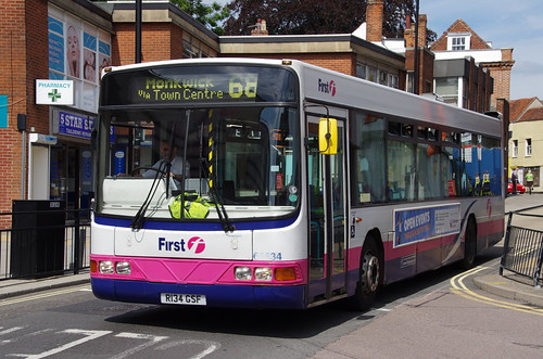 First Essex Scania L113CRL / Wright Axcess Ultralow 65534 , R134 GSF with 'safety' tape on cab edge | by EastBeach68