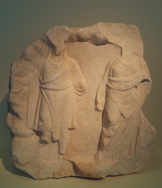 Marble votive relief depicting the goddess Cybele and her beloved Attis, Roman times, Philippi Museum