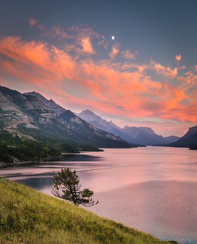Waterton Lake Sunset with half moon by xtremepsionic, Just after sunset in Waterton, Albertasunset lake canada alberta watertonnationalpark watertonpark