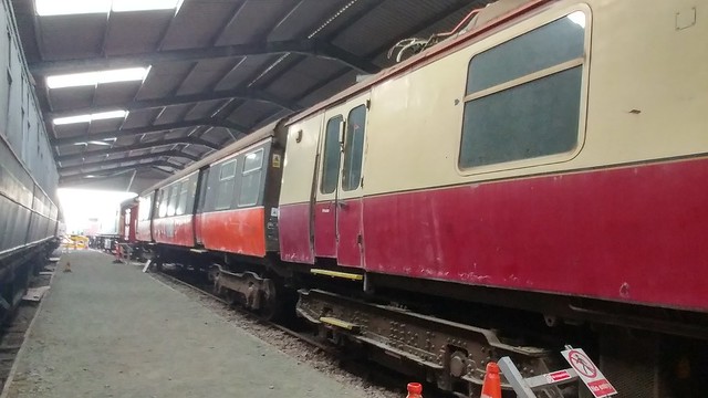 303023's centre coach 61503 under restoration at Bo'ness, Bo'ness and Kinneil Railway. The SRPS saved one class 303 three coach unit with the driving coaches coming from 303032