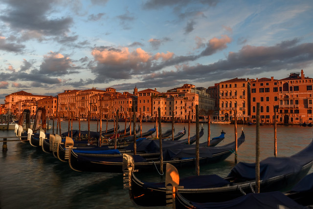 Gondolas on the Grand Canal at sunrise, Venice, Italy