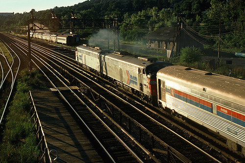 rr2390 by George Hamlin, Amtrak's "Lake Shore Limited" heads into the sunset at Croton, New York, in 1977new york r