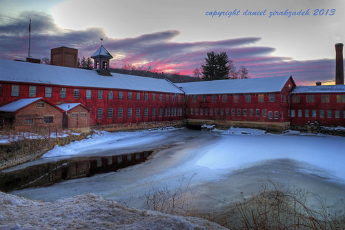 winter snow building mill sunrise connecticut newengland hdr