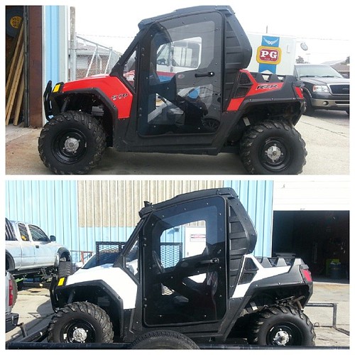 Before and after.  Polaris Razor from red to digital snow camo.  Soon to be very dirty :-)  also added a high power LED light bar.on roof too. #pgnola , #wrapped , #snowcamo, #digitalcamo, #razor, #Polaris, #offroad , #ledlightbar, #ledlights , #dirty, #h | by PG NOLA