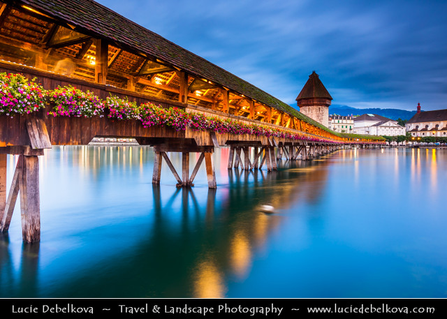 Switzerland - Lucerne - Luzern - Historical Altstadt - Old Town with Kapellbrücke at Dusk - Twilight - Blue Hour