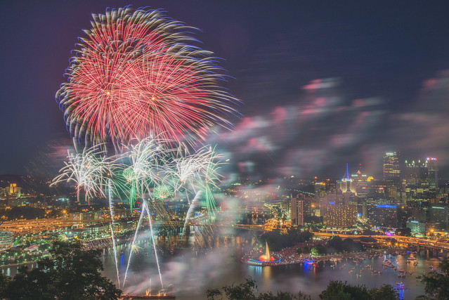 Bursts of fireworks over Pittsburgh on July 4th 2014