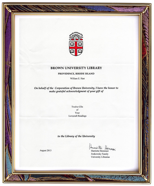 A Brown University Lovecraft CD Acknowledgment Letter Received 08-Nov-2013