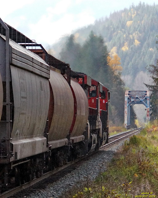 CN #'s 2310 & 2307 lead west bound grain toward the Zymacord River bridge on Skeena Sub (BC North Main) near New Remo, about 12 km west of Terrace, BC - 15 October 2013 [© WCK-JST]