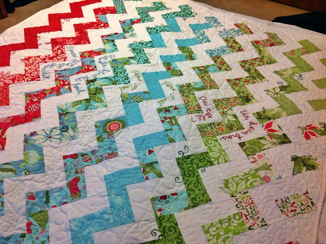 Père-Noël zigzag quilt tutorial part three: improv patchwork for the quilt back and machine binding with mitered corners