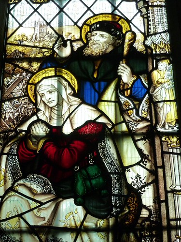 The design represents the Virgin Mary as a child surrounded by her parents and archangels.  St Wulfram's Parish Church, Grantham, Lincolnshire. | by Glass Angel
