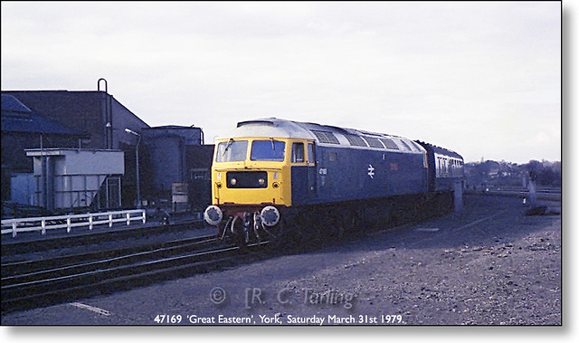 Recently-named 47169 Great Eastern arrives at York,  Saturday March 31st 1979.