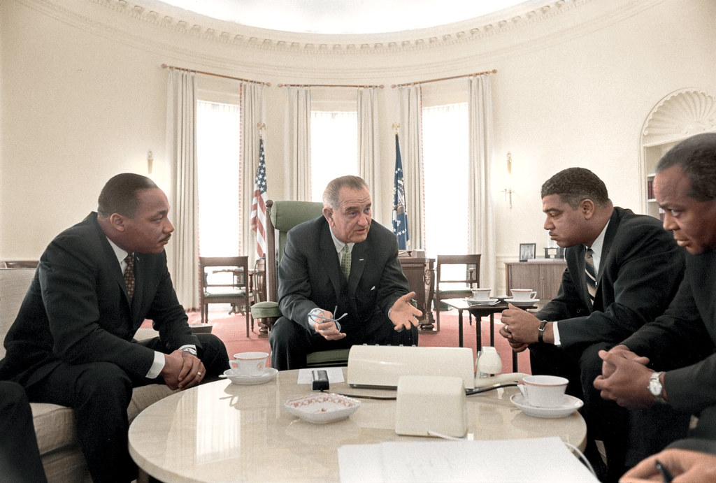 President Lyndon B. Johnson meets with Civil Rights leaders Martin Luther King, Jr., Whitney Young, and James Farmer