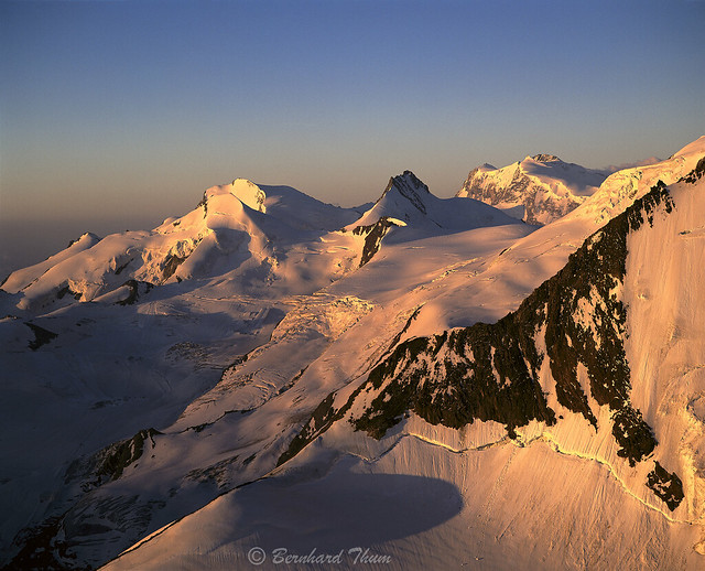 Allalinhorn, Rimpfischhorn and Monte Rosa at first light of the day