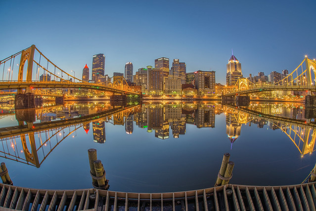 Fisheye reflections in the Allegheny River in Pittsburgh from the North Shore HDR