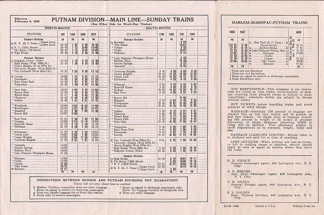 New York Central Railroad Putnam Division timetable - February 9, 1942