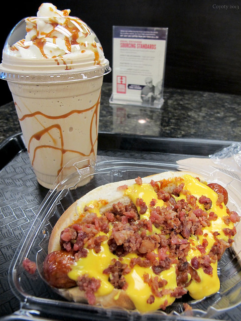 Andouille spicy sausage with bacon, cheese, & chili, and caramel coffee shake