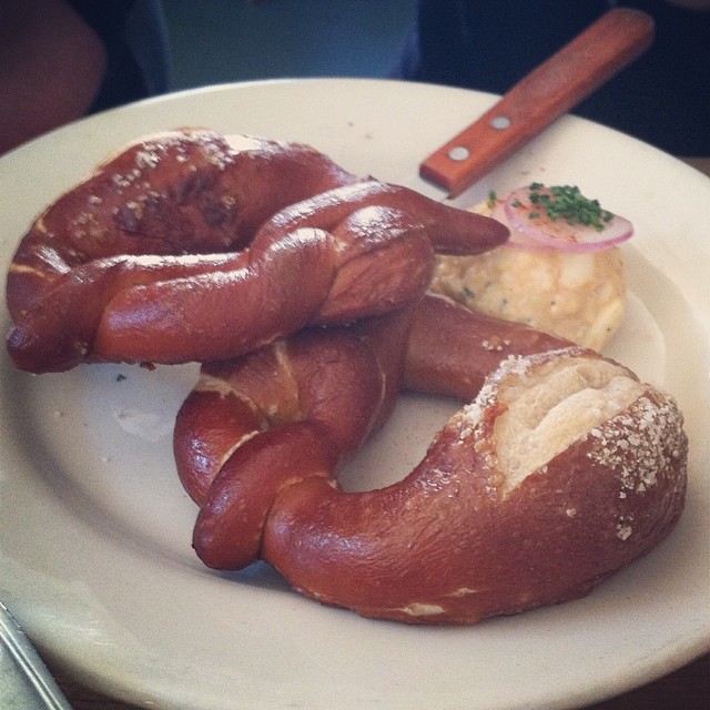 #kvpinmybelly May babies and beer! I love pretzels at @suppenkuche! Also love that cheese spread. #foodspotting #beer
