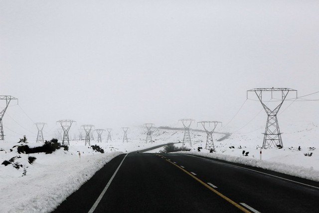 Winter Snow Pylons Desert Road Central Plateau New Zealand