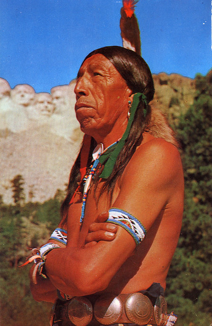 postcard - Native American at Mt. Rushmore