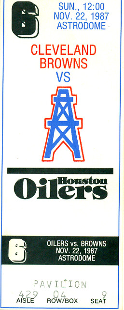 November 22, 1987, Houston Oilers vs Cleveland Browns, The Astrodome, Houston, Texas - Ticket Stub